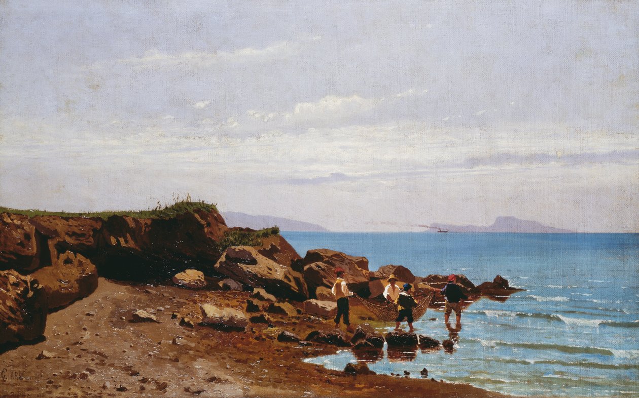 Fishermen on the Neapolitan coast, with the island of Capri in the background by Guglielmo Ciardi
