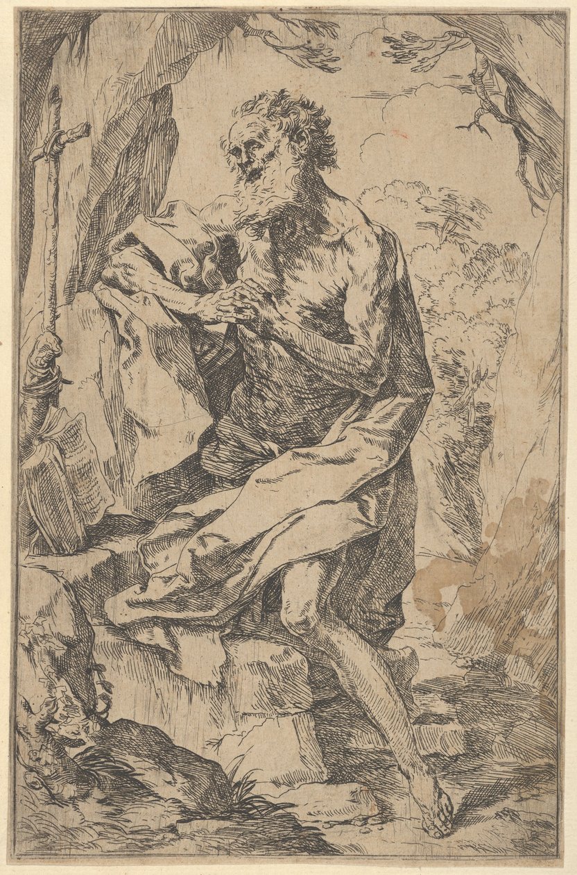 Saint Jerome kneeling on a rock in front of a cross and an open book facing left, ca. 1600-1640 by Guido Reni