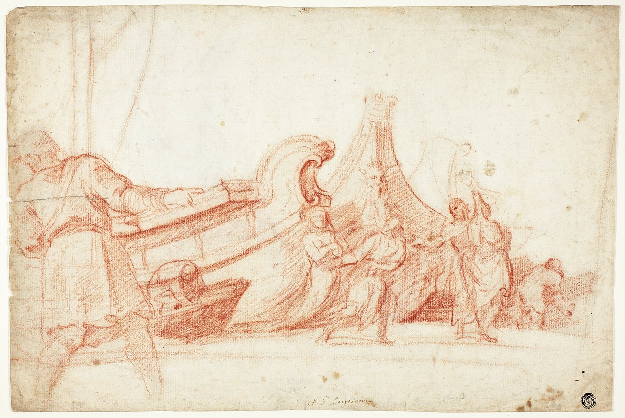 Dock Scene (front); Two Sketches of Male Figures (back) by Guillaume Courtois