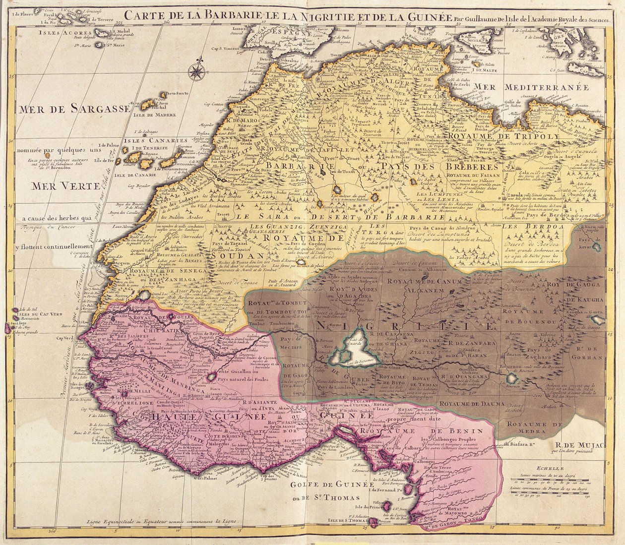 Map of Barbaria (Morocco, Algeria, Tunisia, Libya), Nigritude (Mali, Burkina Faso, Niger) and Guinee (Senegal, Guinea, Sierra Leone, Liberia, Ivory Coast, Ghana, Togo, Benin, Nigeria) (etching) by Guillaume Delisle