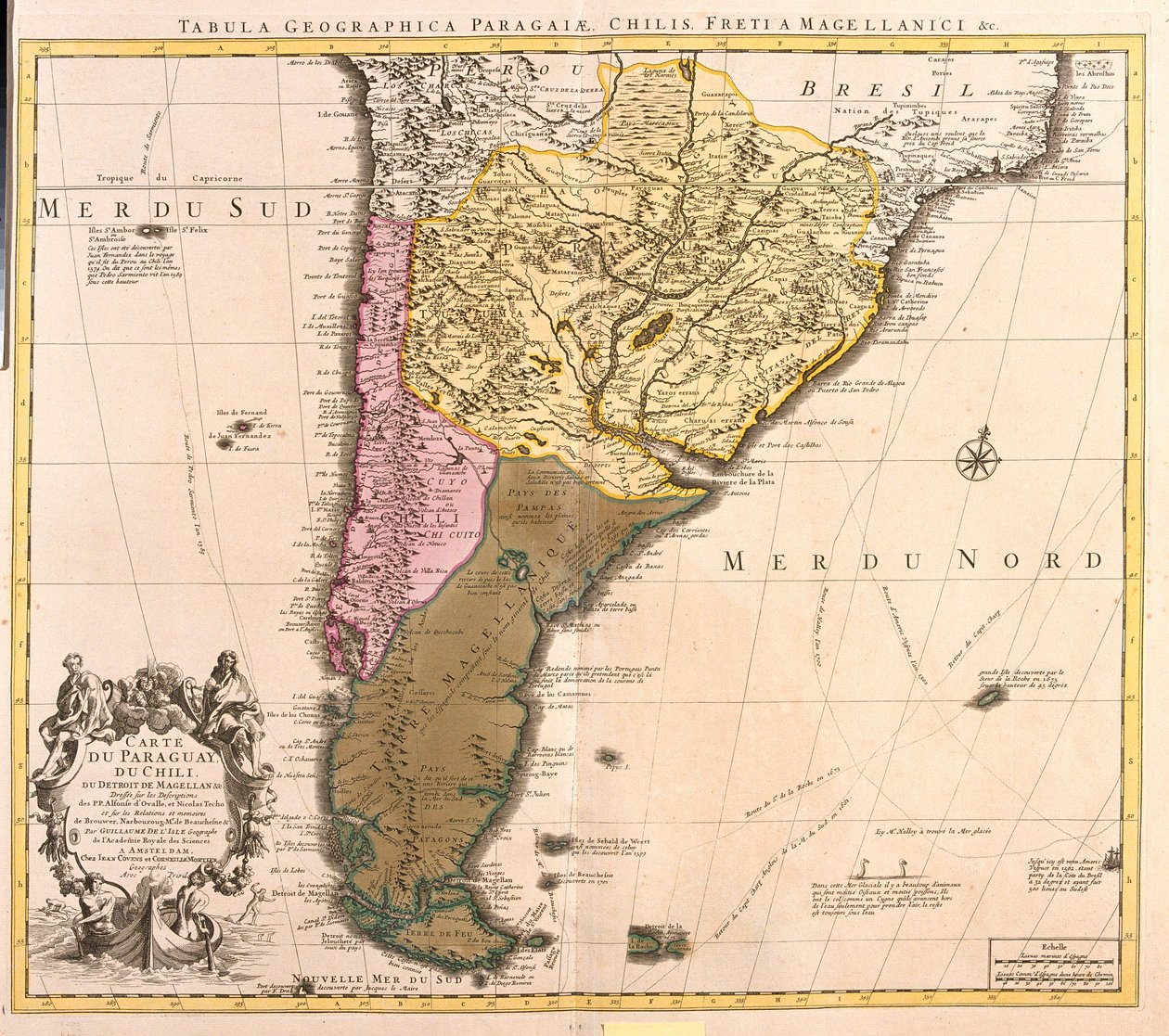 Map of Paraguay, Chile and Magellan Land (Argentina) (etching) by Guillaume Delisle