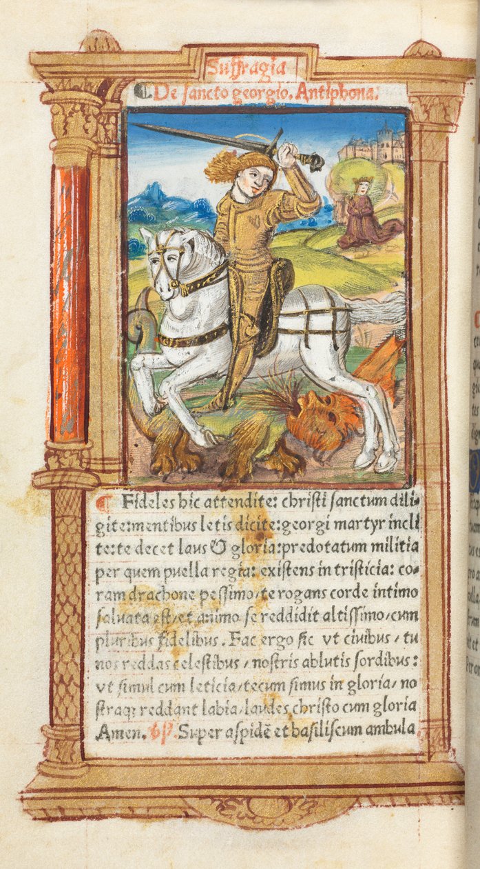 Printed Book of Hours Use of Rome: fol. 103v, St. George Slaying the Dragon, 1510 by Guillaume Le Rouge