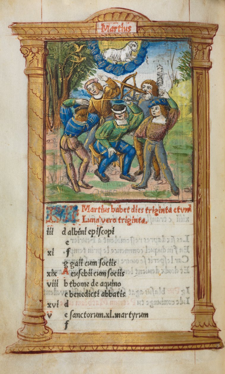 Printed Book of Hours Use of Rome: fol. 4v, March Calendar Illustration, 1510 by Guillaume Le Rouge