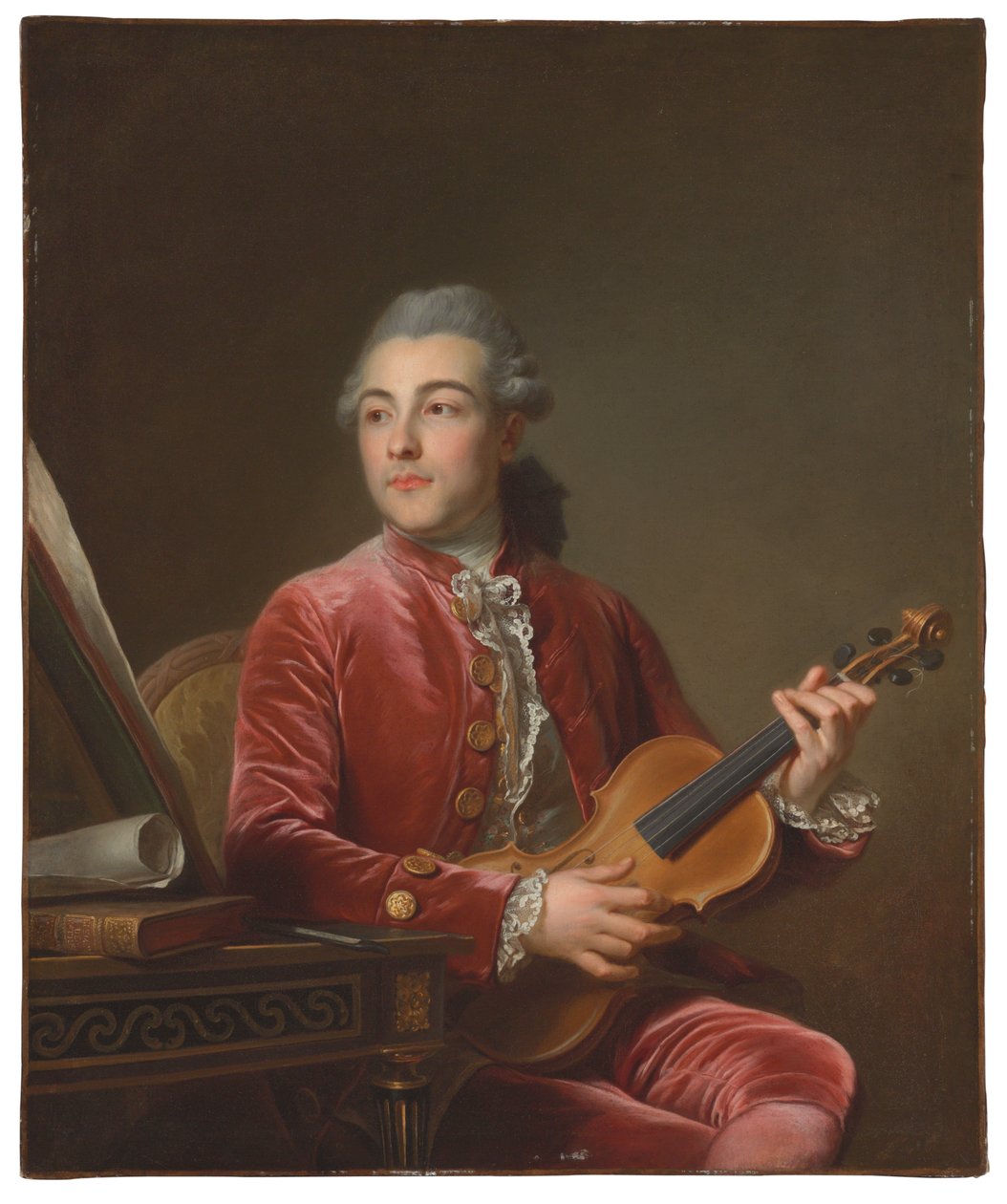 Portrait of a Gentleman, Half-Length, Seated in a Red Velvet Jacket with a Violin by Guillaume Voiriot