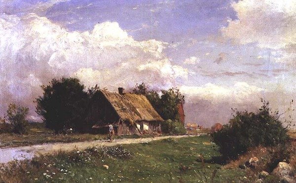 A wooded landscape with figures by a cottage by Gustaf Fredrik Rydberg