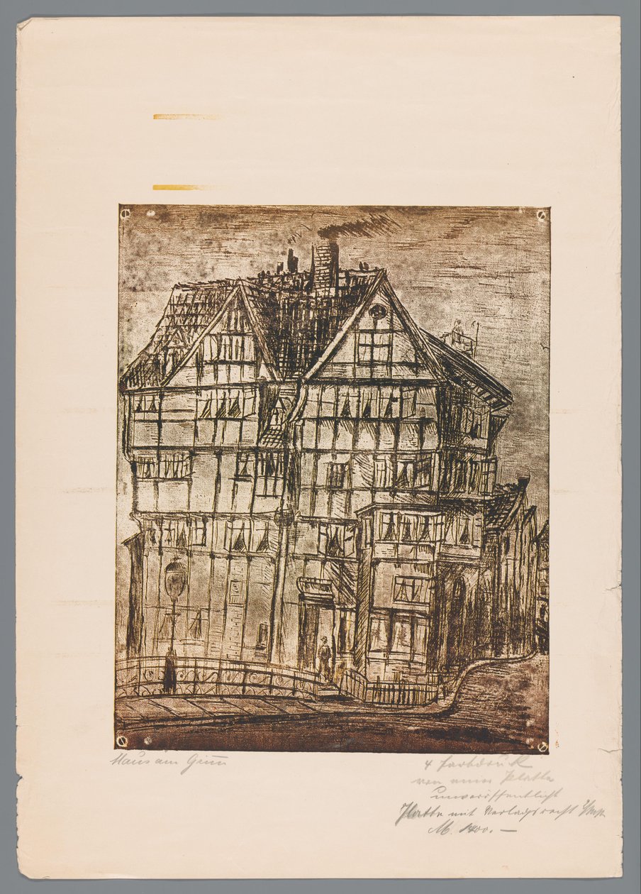 Reproduction of a Print or Drawing with View of an Old House, Possibly in Greiz, Germany by Gustav Digel (signed by artist)