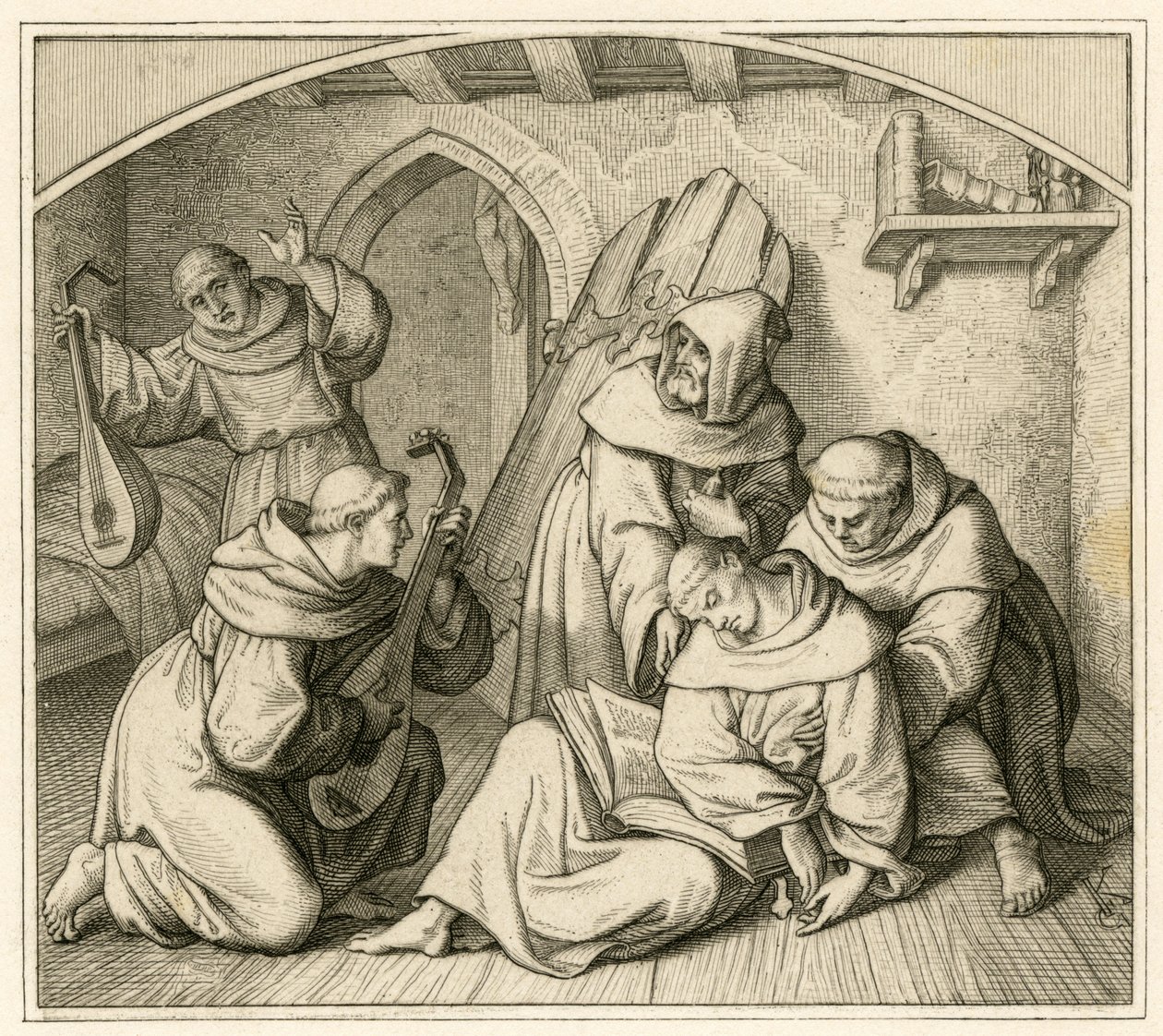 Martin Luther is Unconscious in His Monastery Cell, Together with Other Monks Playing Lute by Gustav Ferdinand Leopold Konig
