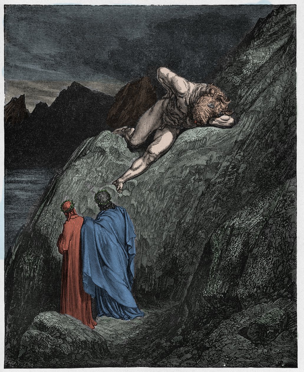 Inferno, Canto 12: The Minotaur on the shattered cliff (illustration from The Divine Comedy) by Gustave after Dore