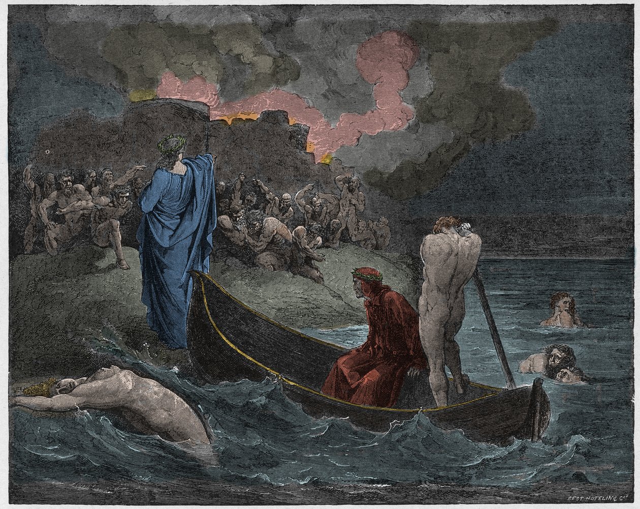 Inferno, Canto 8: Virgil and Dante disembark at the citadel of Dis (illustration from The Divine Comedy) by Gustave after Dore