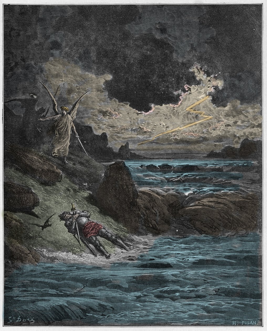 Purgatorio, Canto 5: The body of Buonconte da Montefeltro in the Arno (illustration from The Divine Comedy) by Gustave after Dore