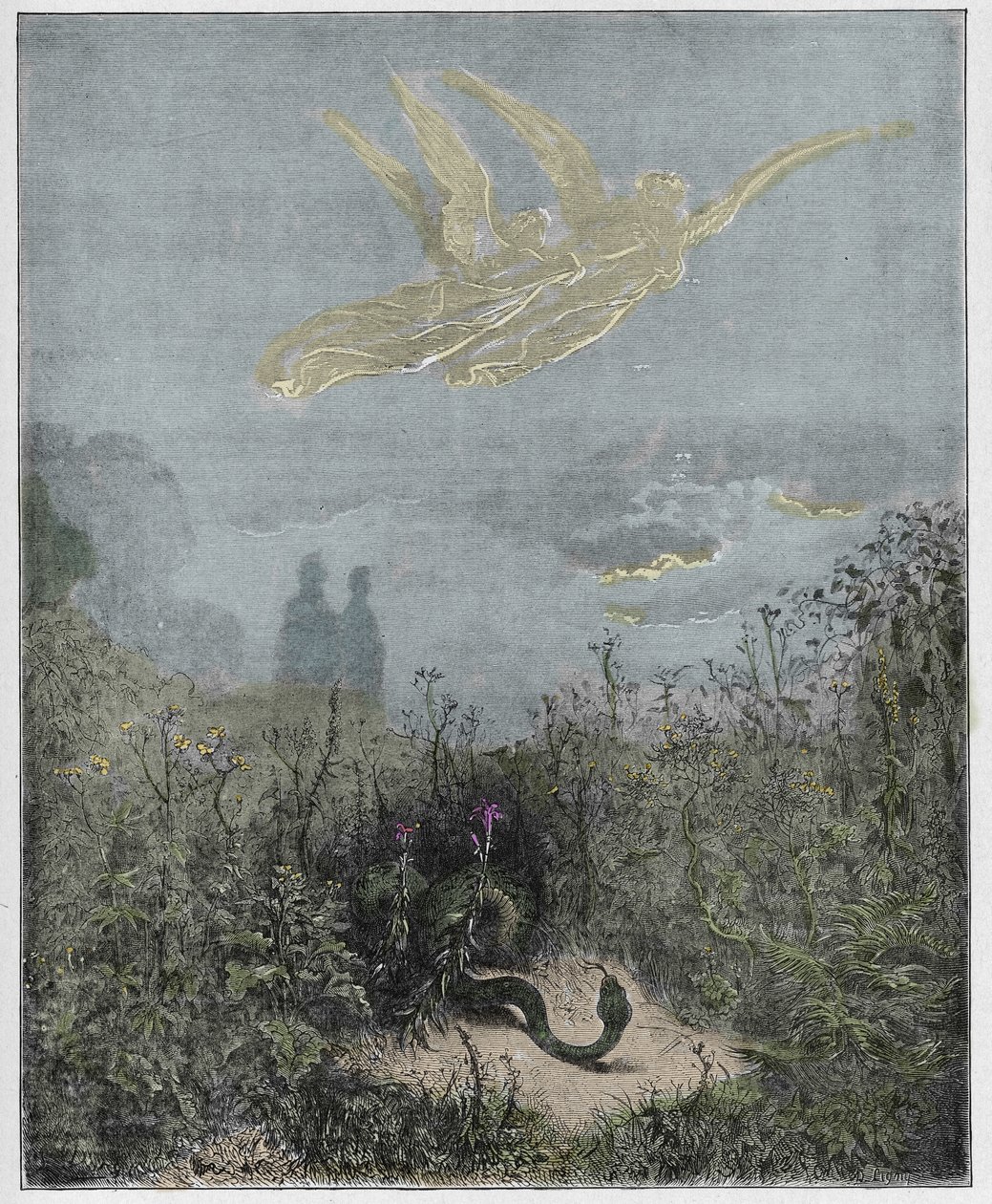 Purgatorio, Canto 8: The angels drive the serpent away (illustration from The Divine Comedy) by Gustave after Dore