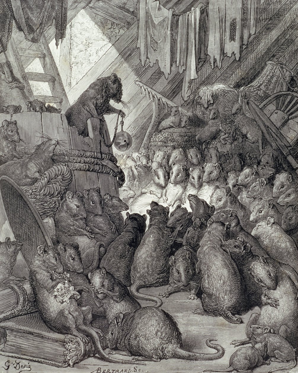 The Council Held by the Rats, from the Fables of La Fontaine, engraved by Antoine Valerie Bertrand (b.1823) c.1868 by Gustave (after) Dore