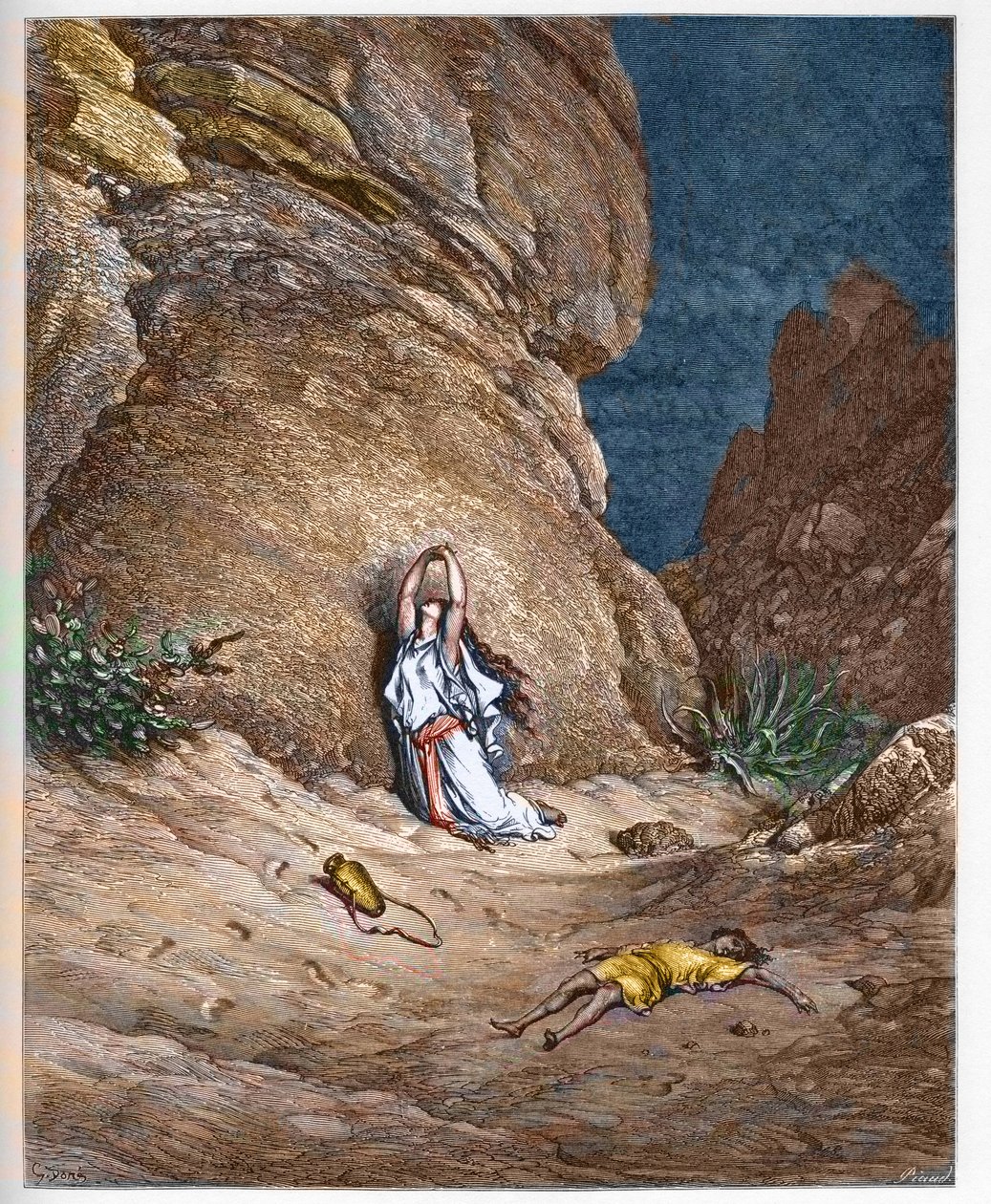 Hagar and her son Ishmael in the desert after being expelled by Abraham - engraving in The Bible illustree by Gustave Dore - Engraving from The Dore Bible by Gustave Dore