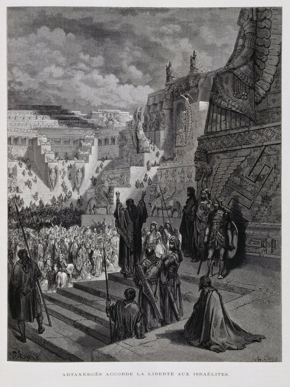 Artaxerxes grants freedom to the Jews in Persia, Illustration from the Dore Bible by Gustave Dore