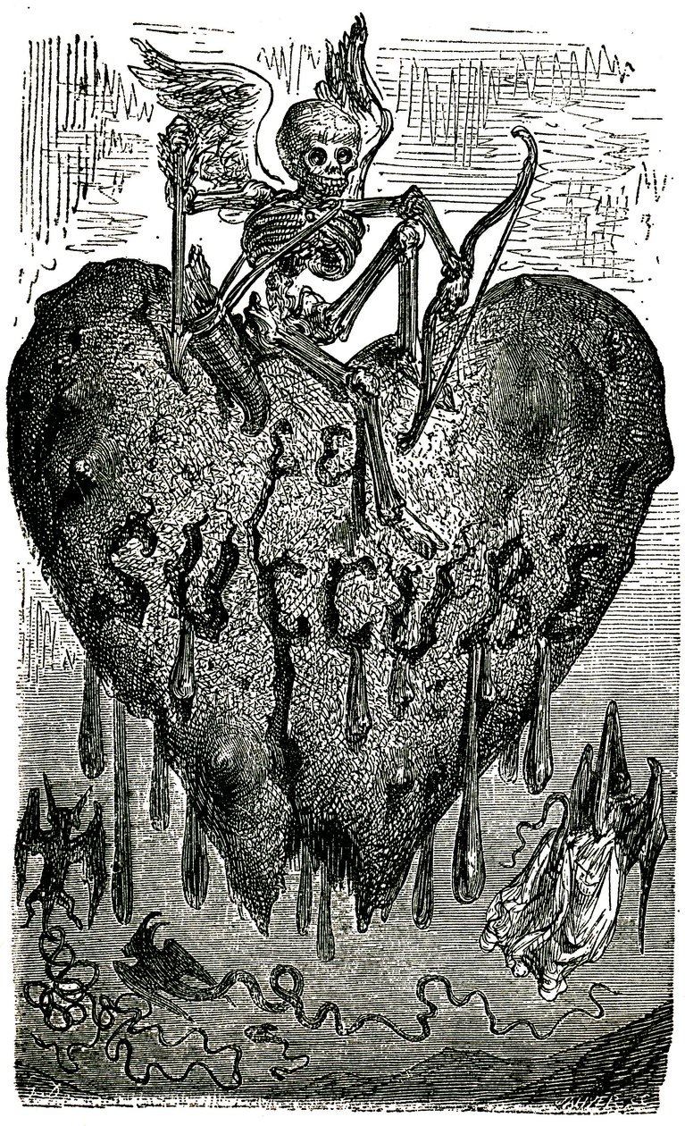 Chapter head illustration by Gustave Dore for the Drolatic Tales (1855) by Honore de Balzac: the succubus (vampire) - skeleton, death, heart, blood by Gustave Dore