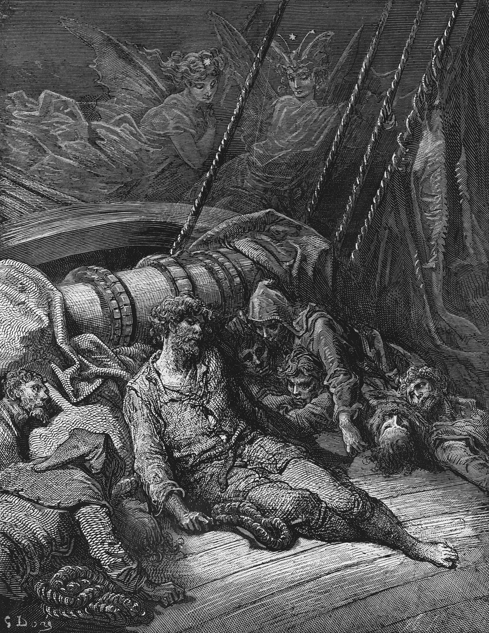 Debate between the two fellow spirits of the Spirit of the South Pole over whether the mariner has paid enough penalty for his murder of the Albatross, scene from 