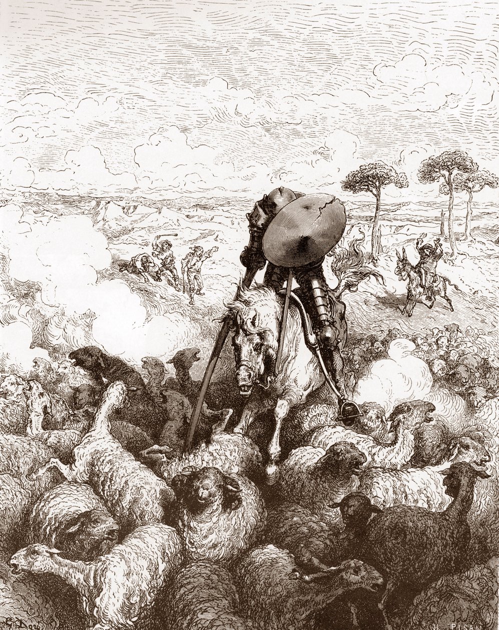 Don Quixote Attacks the Flock of Sheep (Engraving by Gustave Dore for 