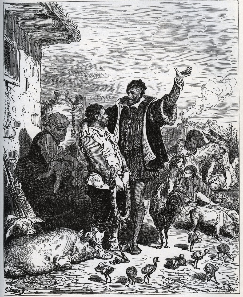 Don Quixote Convinces His Neighbor Sancho Panza to Be His Squire - from "Don Quixote de la Mancha" by Miguel Cervantes by Gustave Dore