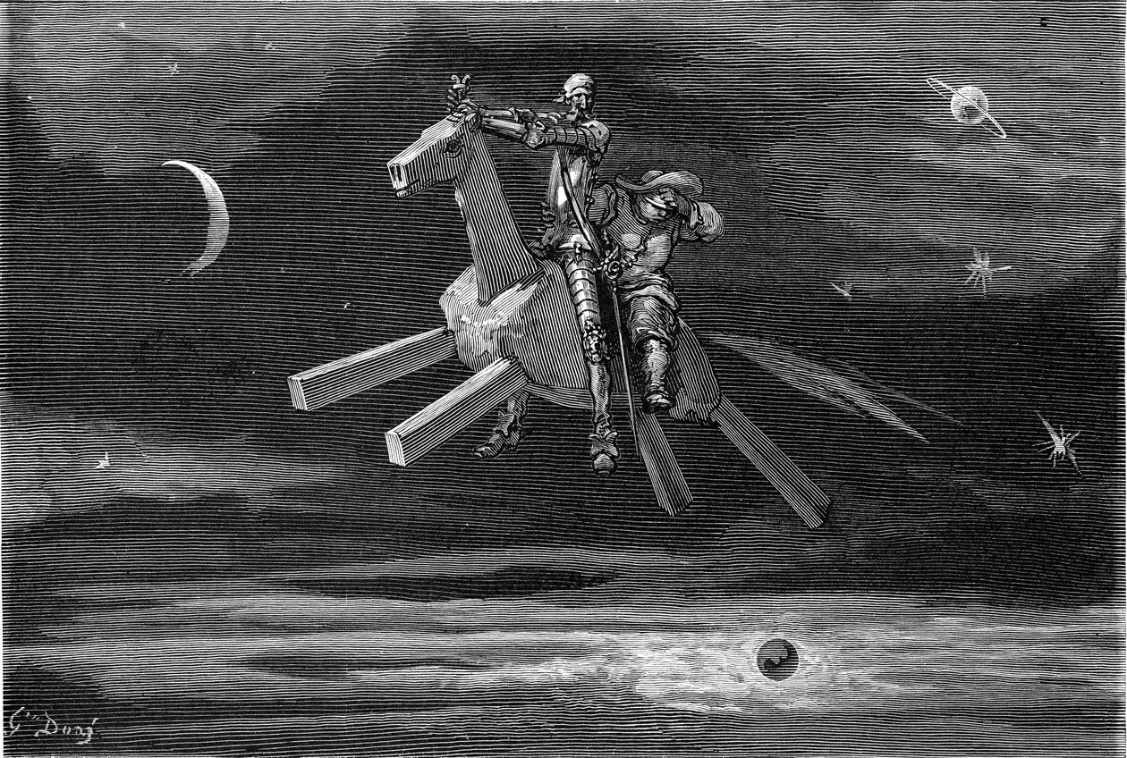 Don Quixote and Sancho Panza in the Sky, Between the Moon and the Stars, Riding the Wooden Horse Clavileño. Engraving by Gustave Doré Illustrating the 1869 Hachette Edition of the Book 