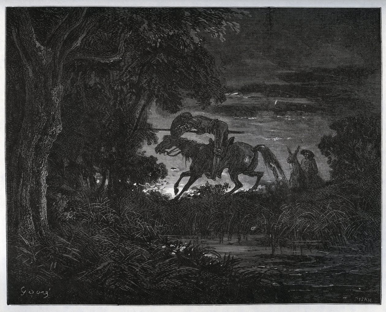 Don Quixote and Sancho Panza at the beginning of the adventure in a thick and unknown forest - from 