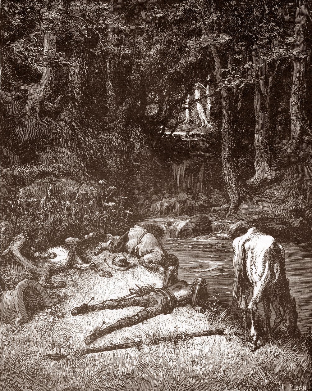 Don Quixote and Sancho Panza Refresh Themselves at a Brook, Engraving by Gustave Dore for 
