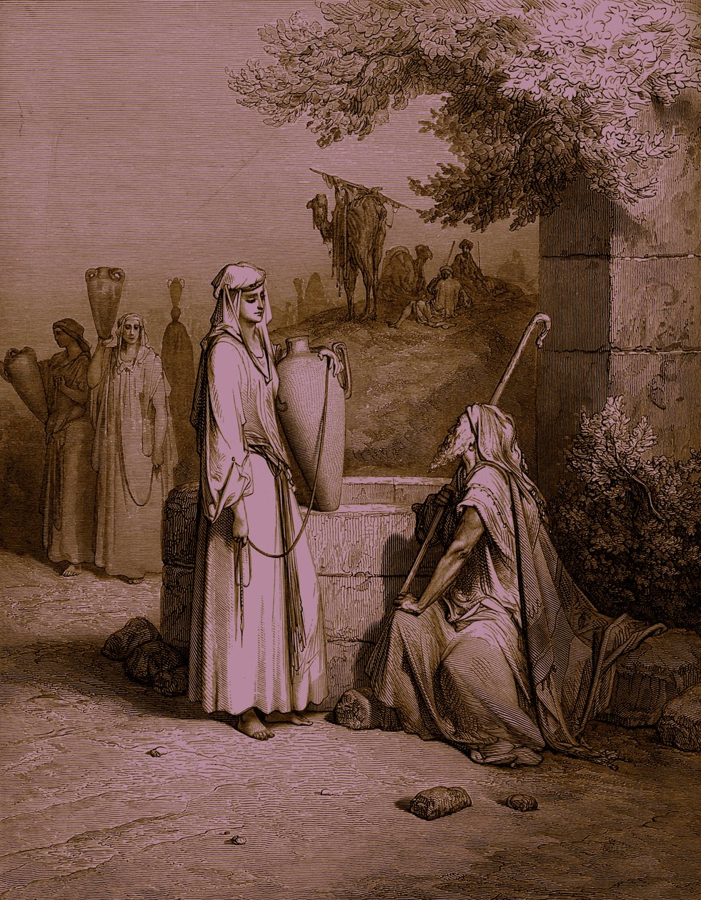 Eliezer and Rebekah (engraving) - Bible by Gustave Dore