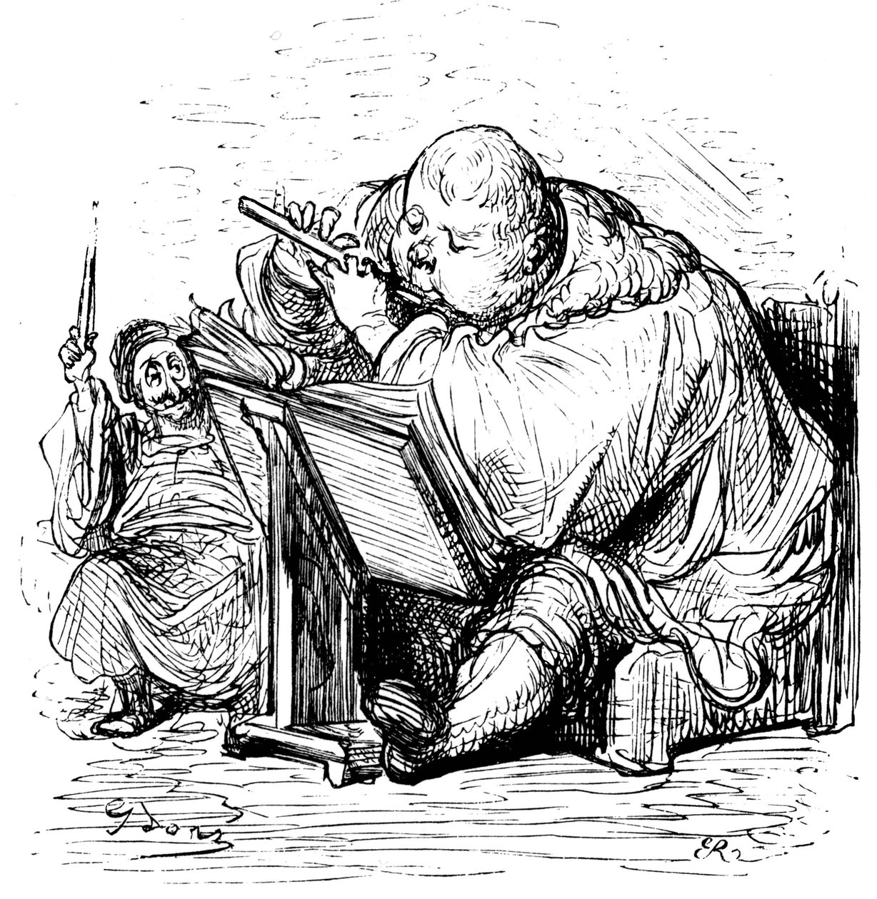 Gargantua Education: The Young Gentleman Learns to Play Flute with His Music Teacher. Engraving by Gustave Dore Illustrating the Work of Rabelais. by Gustave Dore