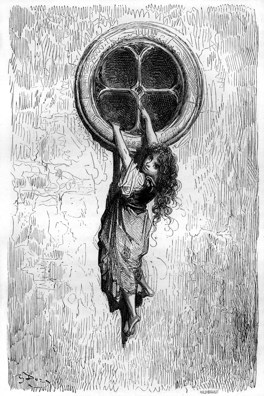 Illustration by Gustave Dore for the novel “Le Capitaine Fracasse” by Theophile Gautier (1811-1872). Agile as a cat and thin as a snake, the young Chiquita goes through a window to join Isabelle prisoner. by Gustave Dore