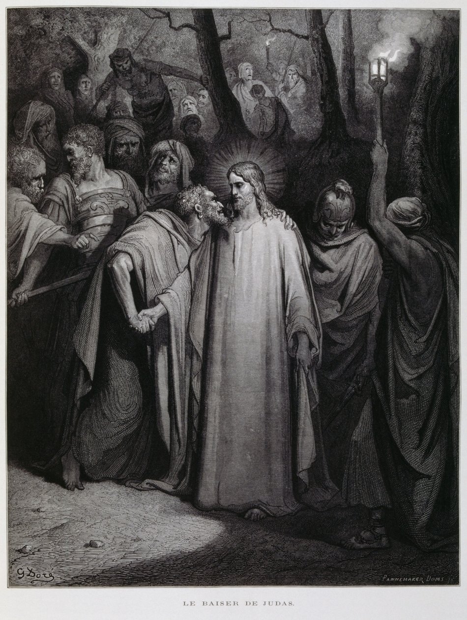 Judas betrays Jesus with a kiss; Illustration from the Dore Bible