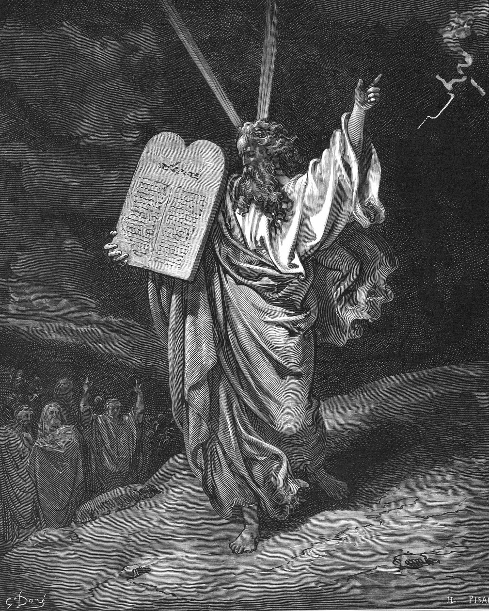 Moses descending from Mount Sinai with the tablets of the law (Ten Commandments). Exodus 5.35. Illustration by Gustave Dore for The Bible (London 1866). Wood engraving. by Gustave Dore