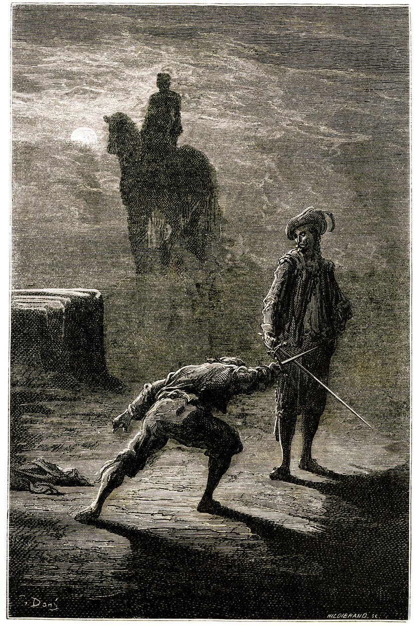 Night Duel in the Moonlight Between Baron de Sigognac and Jacquemin Lampourde, Under the Equestrian Statue of the King of Bronze. Engraving by Gustave Dore Illustrating Theophile Gautier