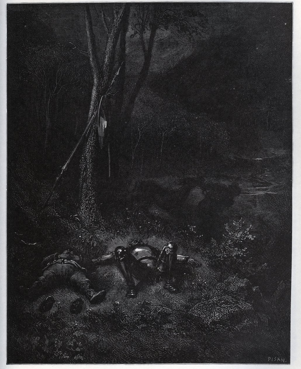 One of the fugitives, Gines de Passamont, steals the donkey from Sancho Panza during the sleep of the two travellers - from 