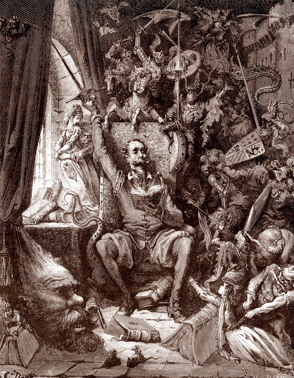 Representation of Don Quixote in his library surrounded by the creatures of his books Engraving by Gustave Dore for L