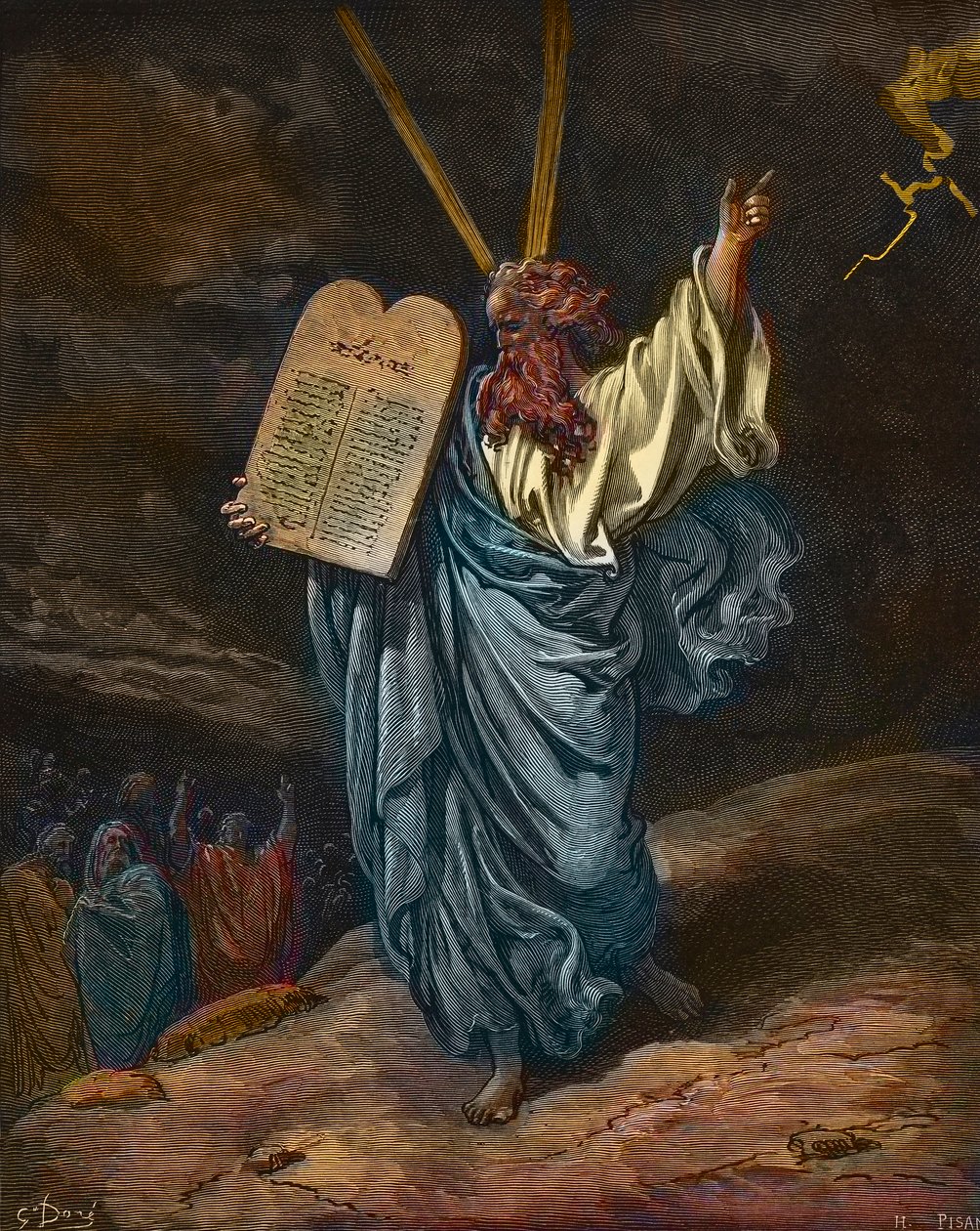 Representation of Moses with the new Tablets of the Law on Mount Sinai - engraving by Gustave Dore (1832-1883) - later colouring by Gustave Dore