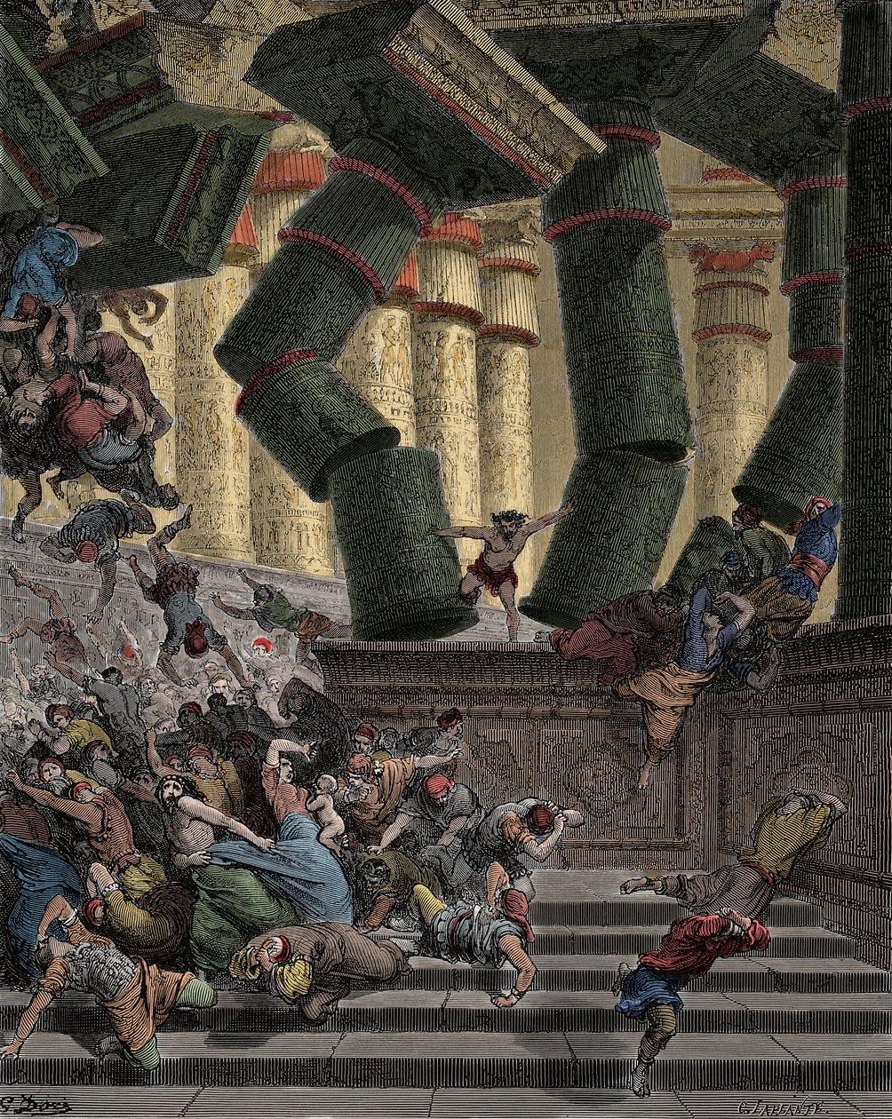 Samson Bringing Down the Temple of Dagon (Engraving by Gustave Dore) by Gustave Dore