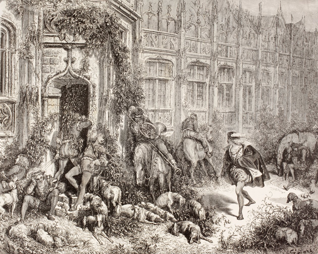 Scene from Sleeping Beauty by Charles Perrault. From El Mundo Ilustrado, published Barcelona, circa 1880. by Gustave Dore