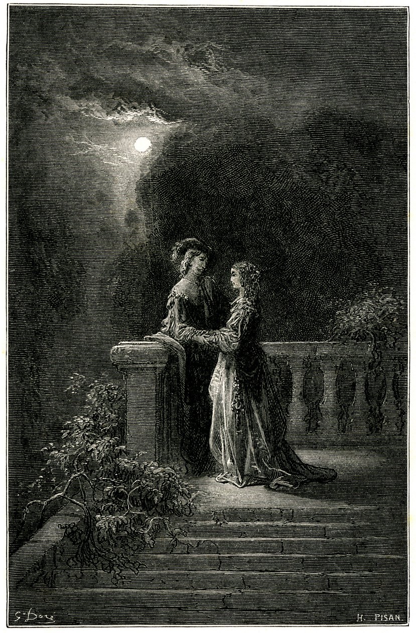 Sigognac and Isabelle: Lovers Finally United in the Moonlight. In the End Love Triumphs! Engraving by Gustave Dore Illustrating the Picaresque Novel of Cape and Epee by Theophile Gautier 
