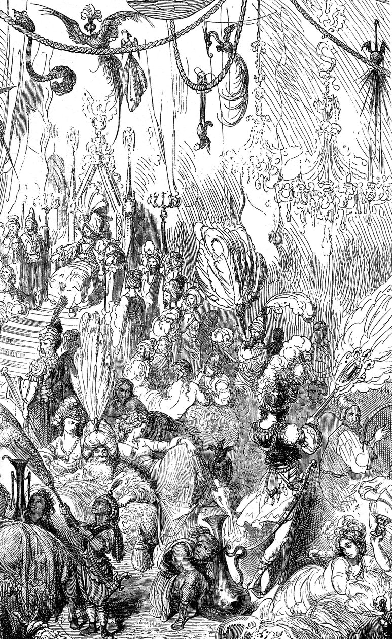 Sindbad the Sailor (Sinbad) - Tale of the Thousand and One (1001) Nights - Illustration by Gustave Dore - Maxwell Edition 1865 - Sixth Voyage - This Engraving Can Represent the Court of the King of Serendib or That of the Caliph Haroun al-Rashid (Harun al by Gustave Dore