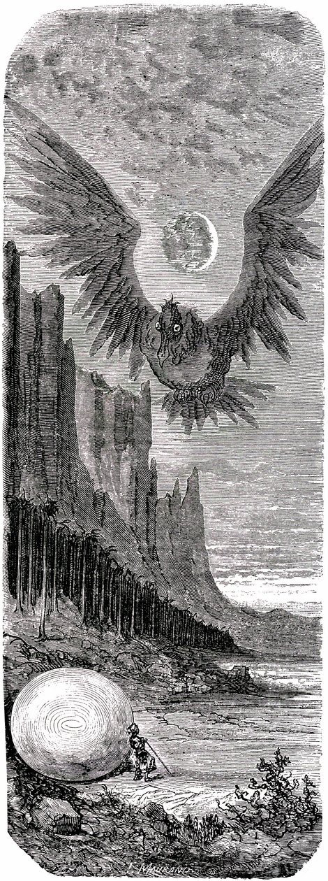 Sindbad the sailor - tale of the thousand and one nights - illustration by Gustave Dore - edition Maxwell 1865 - Second voyage: Sindbad having discovered on an island a huge egg of the gigantic bird Roc is attacked by this giant bird by Gustave Dore