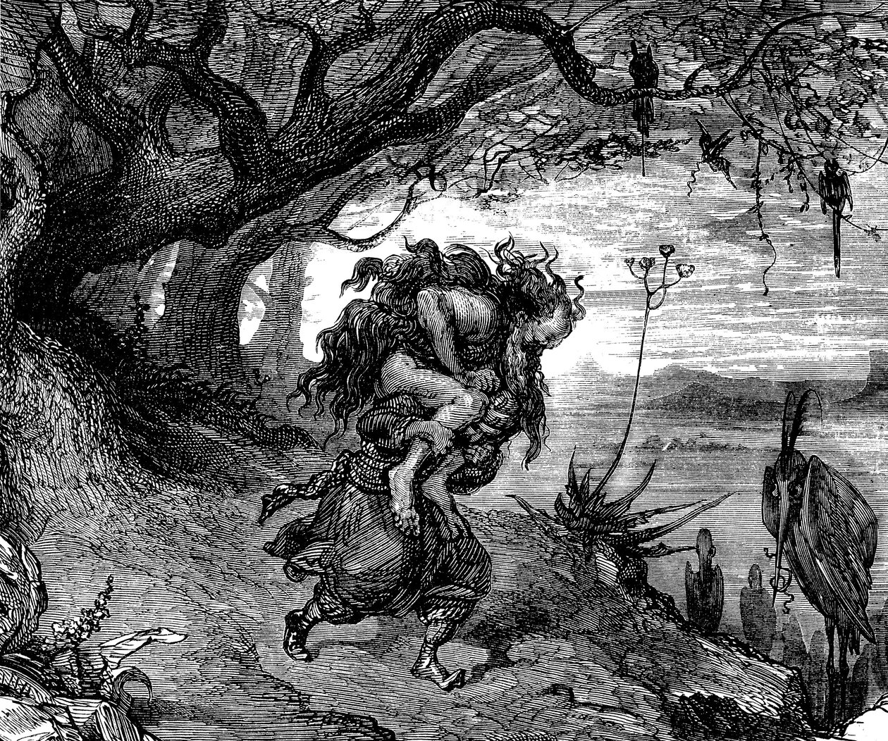 Sindbad the sailor (Sinbad) - tale of the thousand and one nights (1001) - illustration by Gustave Dore (detail) - edition Maxwell 1865 - Fifth voyage: Sindbad is forced to wear on his shoulder an old man who clings to him and from whom he can no longer un by Gustave Dore