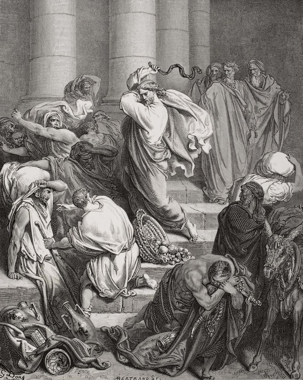 The Buyers and Sellers Driven Out of the Temple, Luke 19:45-46, illustration from Dore