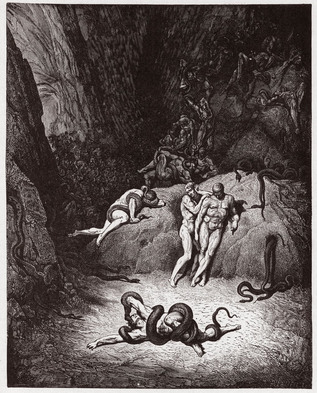 The Divine Comedy, Inferno, Canto 25: Agnello transforming into a serpent (Illustration by Gustave Dore) by Gustave Dore