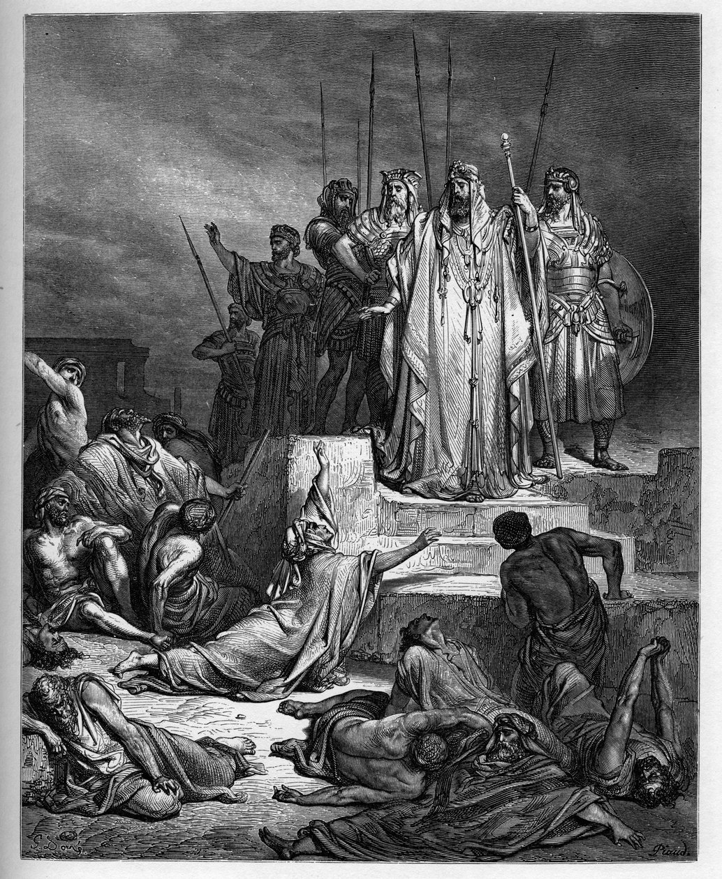 The Famine in Samaria - Old Testament: Siege of Samaria. The King of Syria besieges the city of Samaria, and reduced it to a dreadful famine - engraving in 