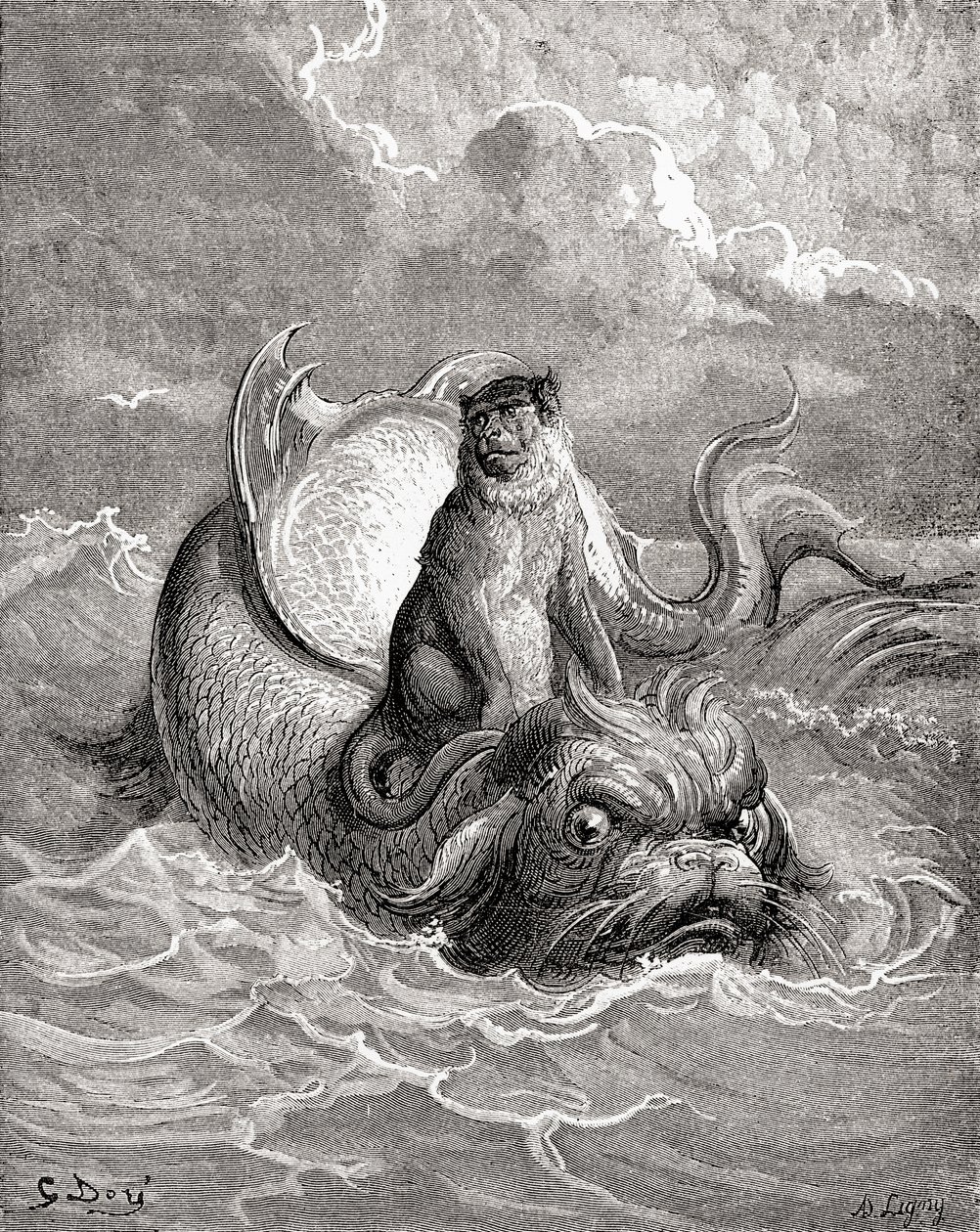 The Monkey and The Dolphin after a Work by Gustave Dore for a La Fontaine Fable. From Life and Reminiscences of Gustave Dore, Published 1885. by Gustave Dore