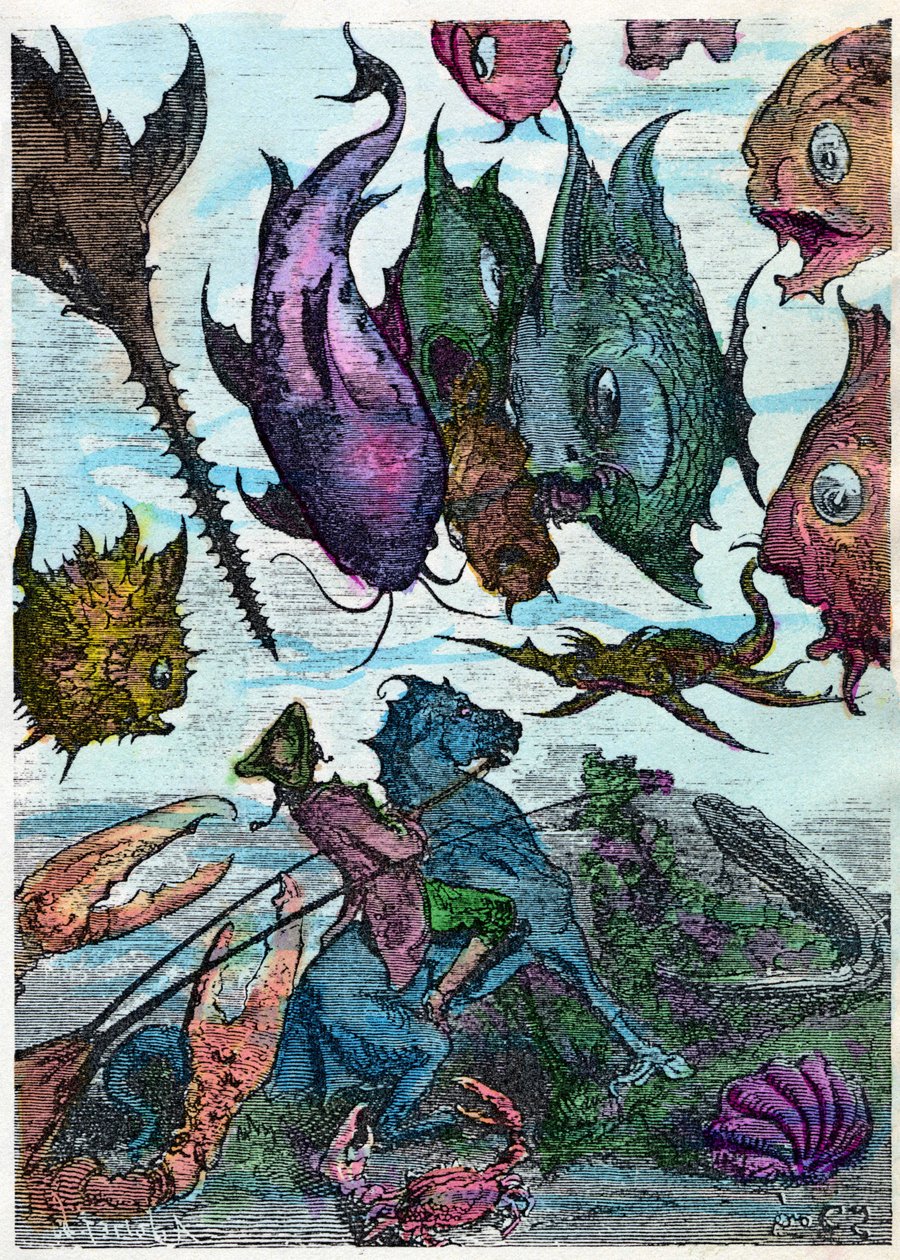 The Baron on His Horse Crosses Fish in the Seabed. Scene from "The Adventures of the Baron de Munchausen" by Rudolph Erich Raspe, Illustration by Gustave Dore by Gustave Dore