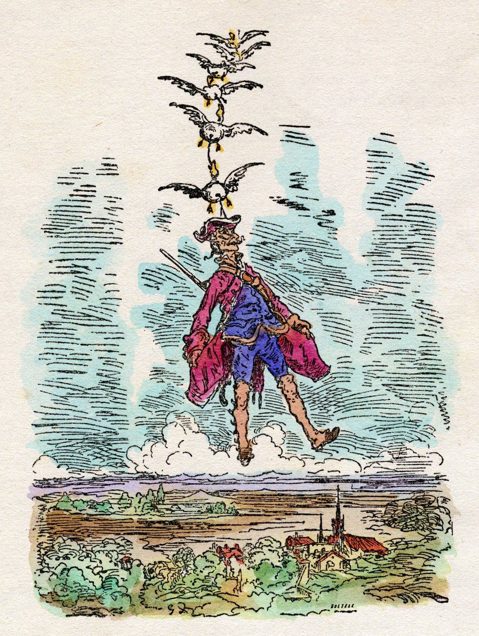 The ducks raise in the air the Baron of Munchausen. Illustration by Gustave Dore for 