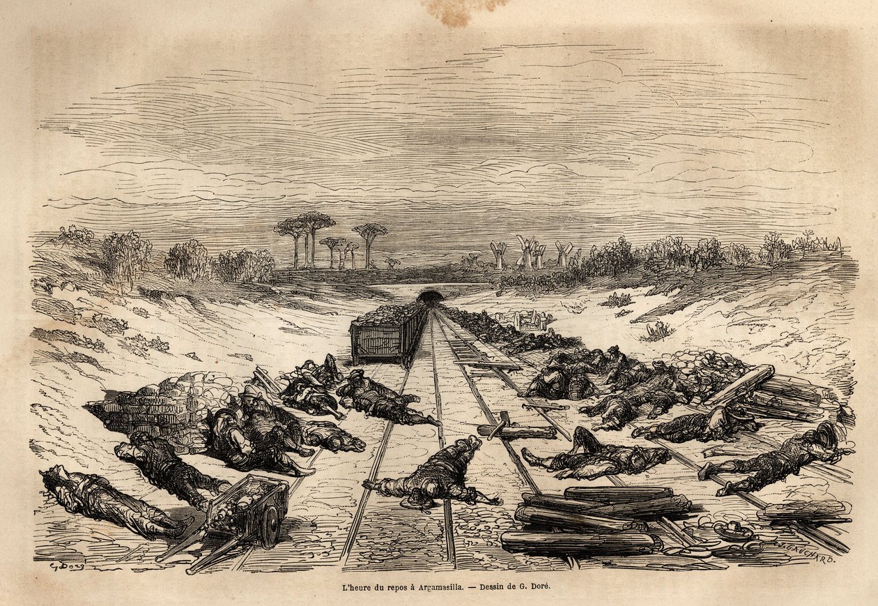 The hour of rest in Argamasilla, the many railway workers lying on the track, rest in full sun. Engraving to illustrate the voyage to Spain by Gustave Dore illustrator and Baron Ch. Davillier reactor, in 1862, published in Le tour du monde, nouveau journal by Gustave Dore