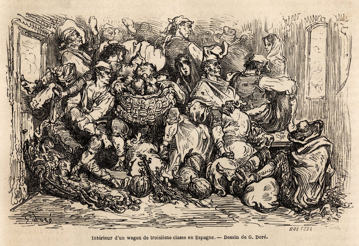 The interior of a third class wagon in Spain, drawing by Gustave Dore, to illustrate his journey to Spain, with C. Davillier, in 1862. Engraving in 