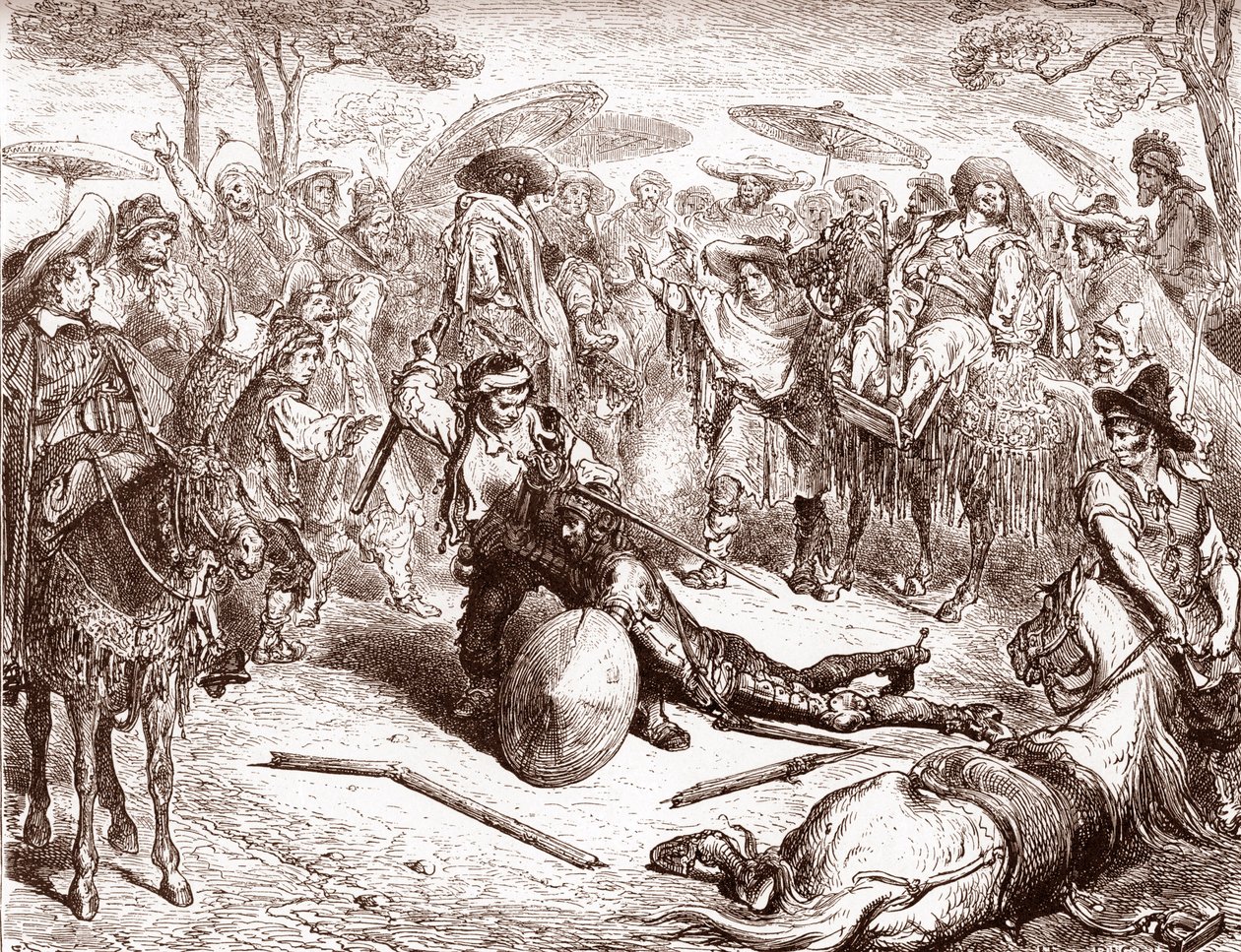 The Merchants of Toledo Look On as One of Their Mule Drivers Beats Don Quixote, Engraving by Gustave Dore for 