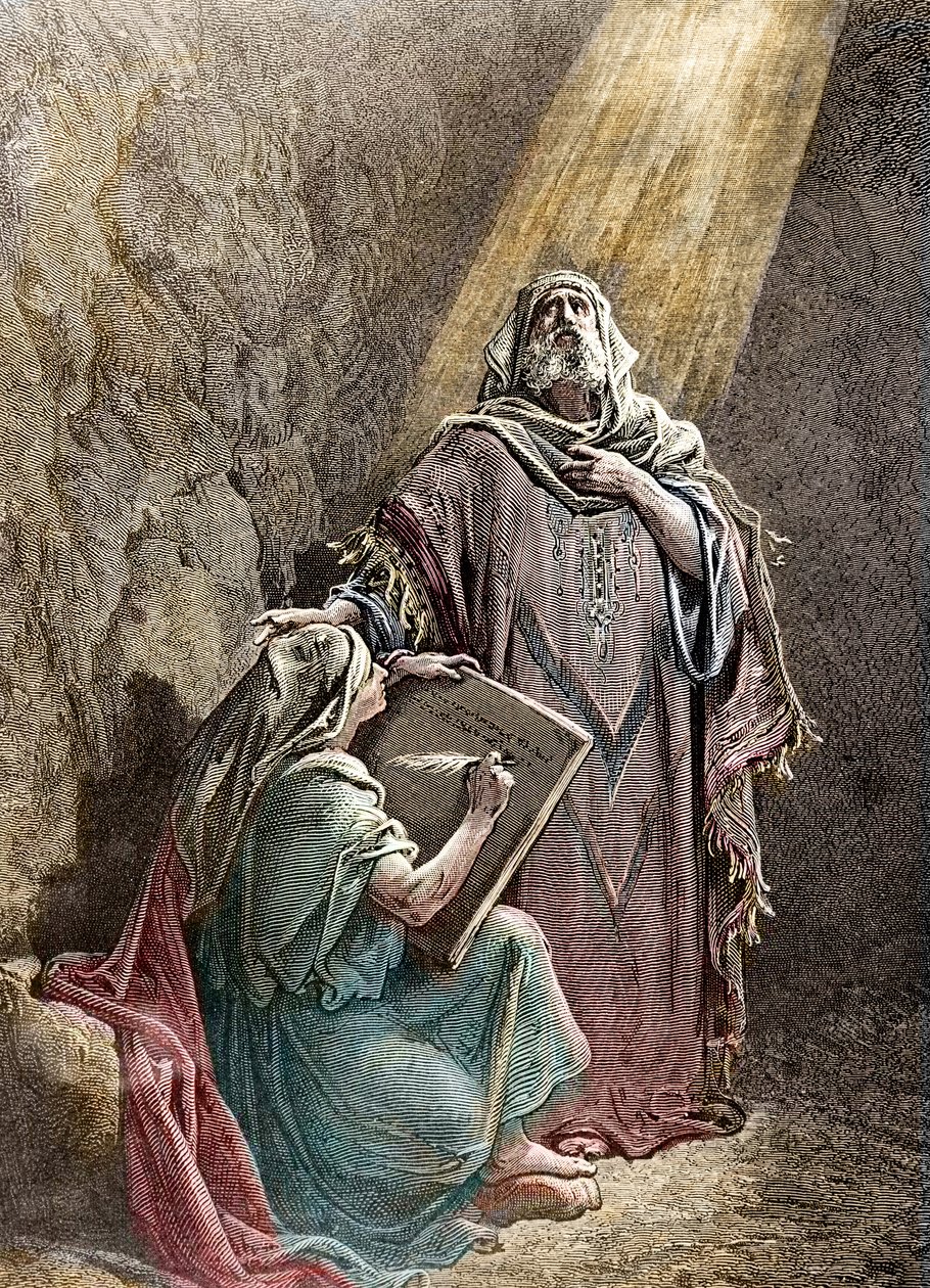 The prophet Jeremiah dictating his prophecies to Baruch - Colored engraving by Pannemacker, from the Bible of Gustave Dore by Gustave Dore